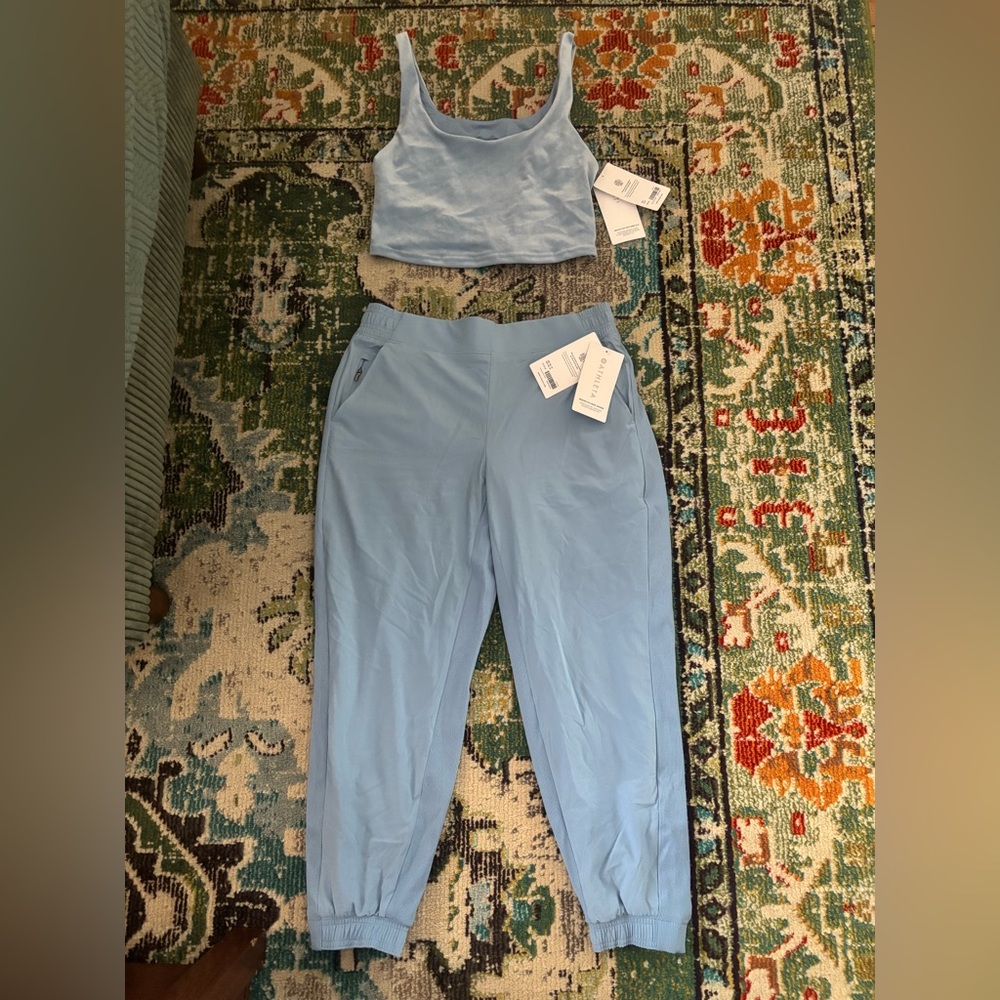 Athleta Baby Blue Velvet Crop Cutout Top Size A-C and Brooklyn Lined Joggers